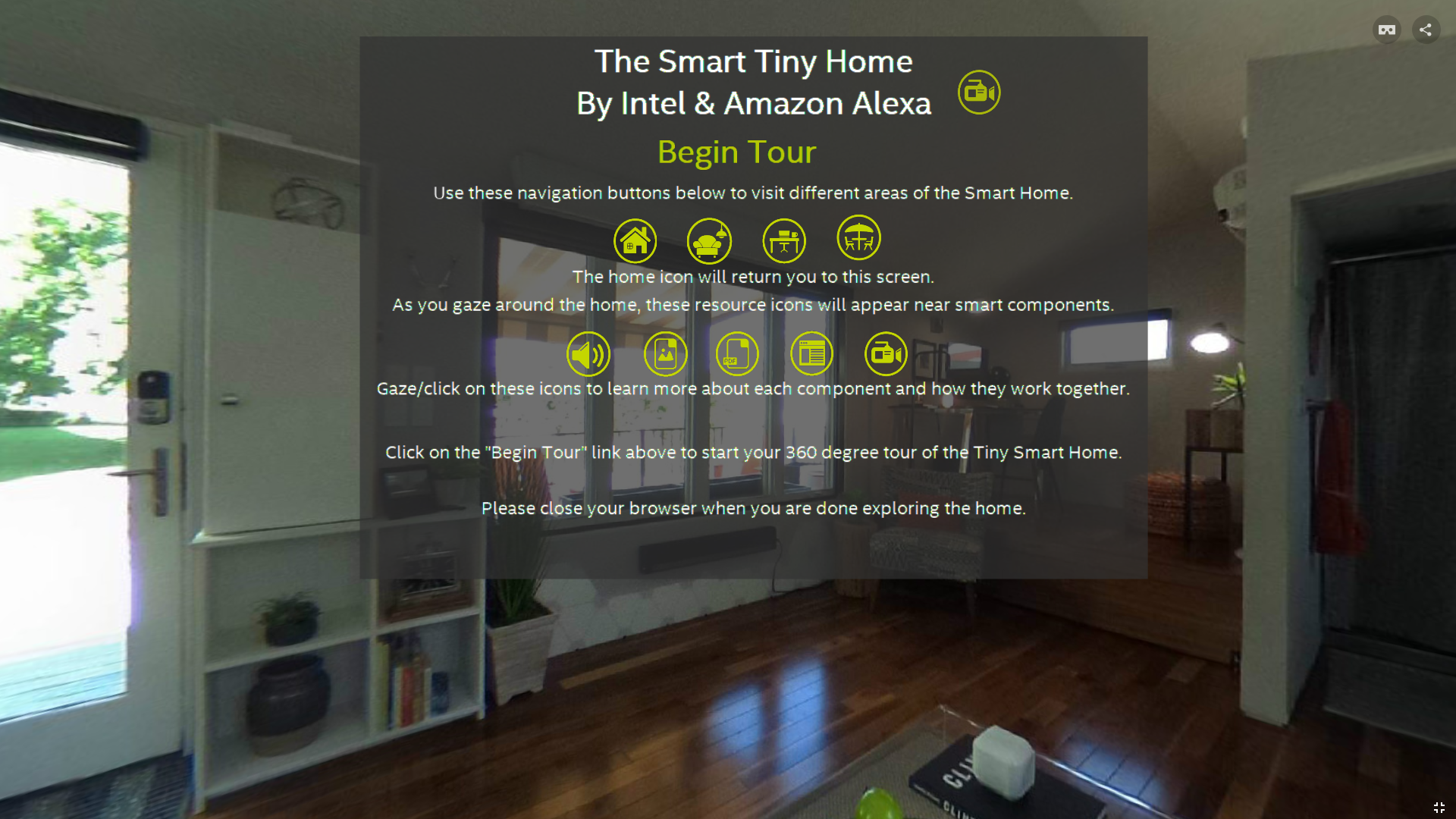Intel Smart Tiny Home VR — 360° tour intro and navigation screen