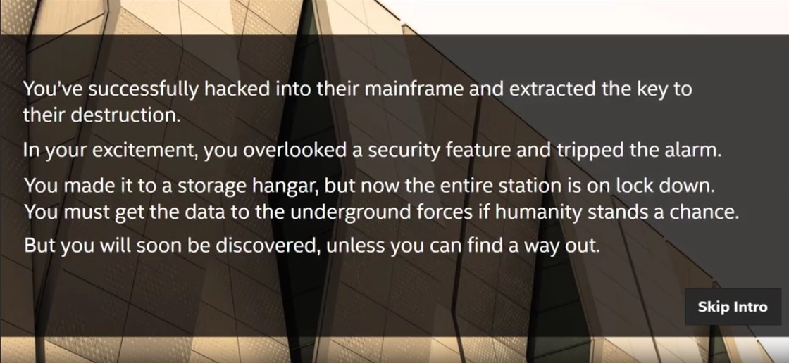 Escape room intro — sci-fi mainframe storyline